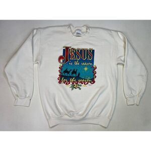 VINTAGE Jesus Is The Reason For The Season Sweatshirt Men Medium White USA 90s